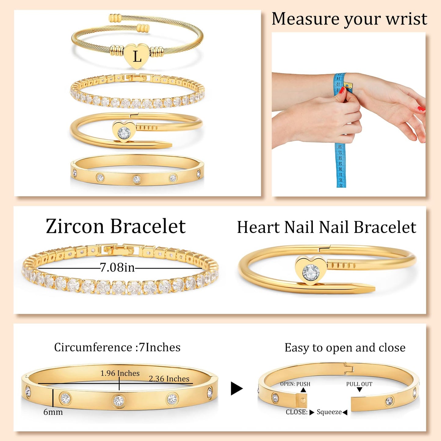 MEIERYA18K Gold Plated Nail love Bangle Bracelet Set for Women,Cubic Zirconia,Adjustable tennis bracelet Trendy Gift Jewelry for Mother's Day Anniversary (10-Style-L)