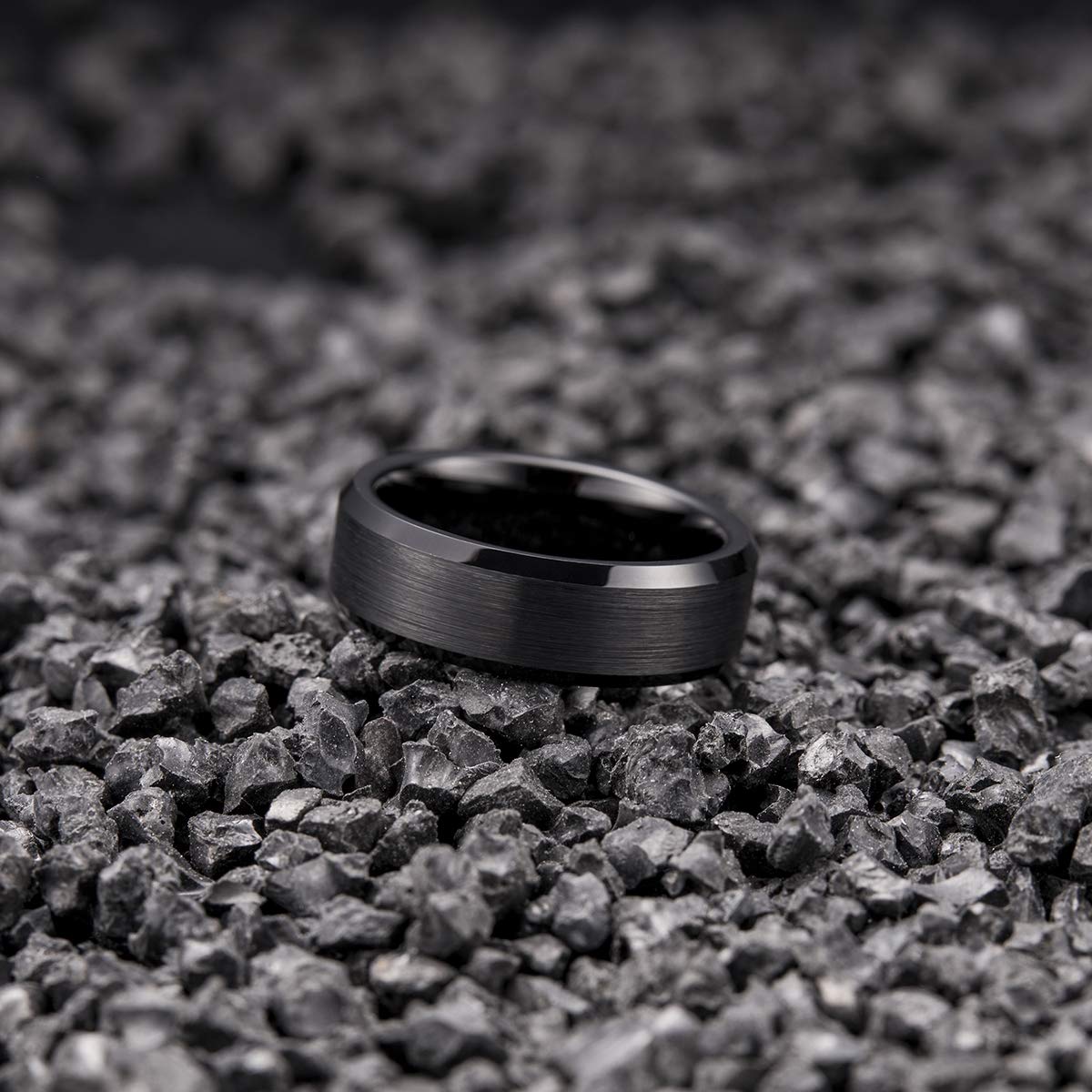 King Will 7mm Men's Black Wedding Ring - Brushed Matte Surface, Beveled Polished Edge, Comfort Fit Size 10