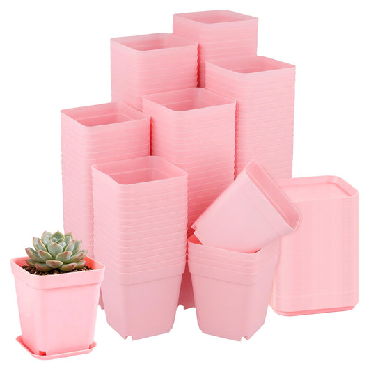MAHIONG 150PCS 2.8 Inch Square Nursery Plant Pots, Plastic Plant Seedling Pots with Drainage Holes, Pink Plant Seedling Pots for Starting Seedlings or Garden Plant