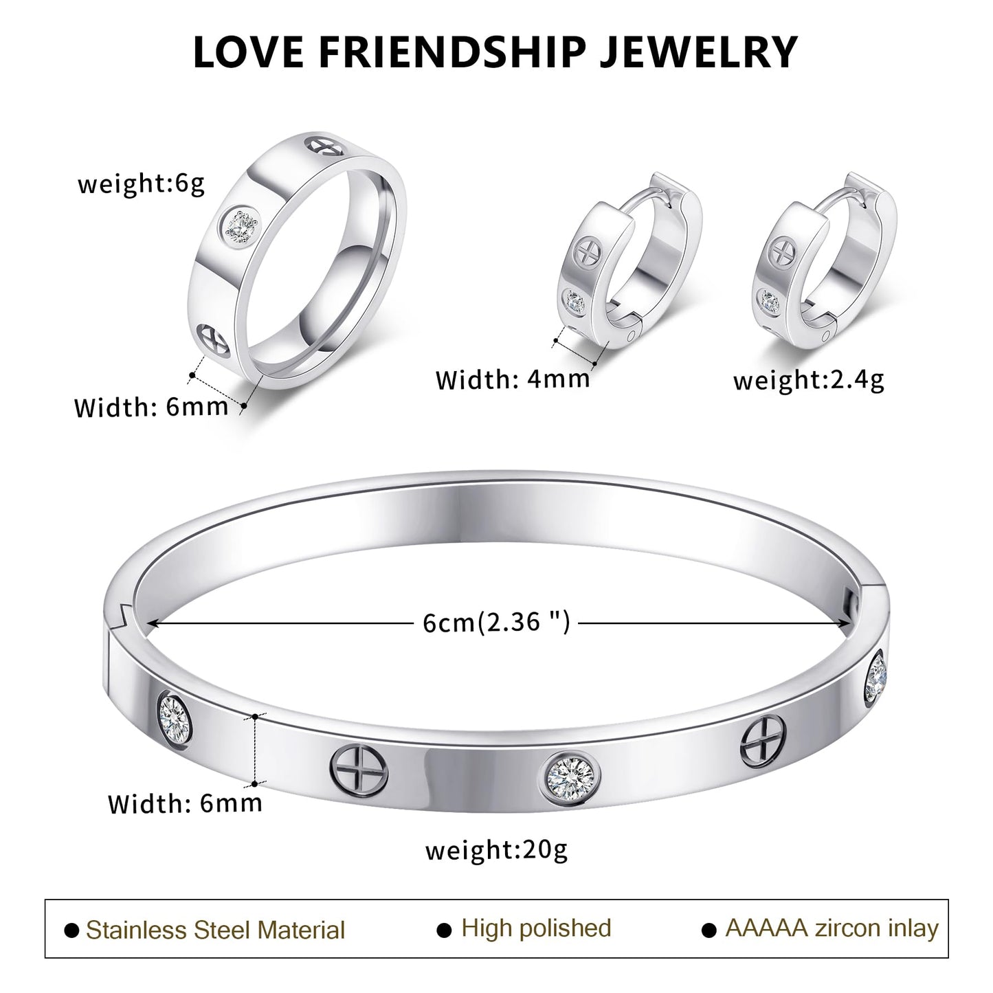 3 Pcs Hoop Earrings Bracelets Ring Sets for Women-18K Gold Plated Love Bracelet Cubic Zirconia Cuff Bangle Hoop Earrings Friendship Love Ring Jewelry Set,Wedding Party Christmas Valentine's Day Birthday Gifts for Her Girlfriend Sister Daughter