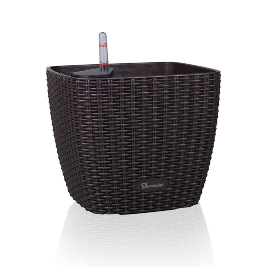 Dexceder 9x8 Self Watering Planter Indoor Outdoor, Inner Mat Design, Thickened Table Flower Plant Pot with Water Level Indicator (Brown Rattan)
