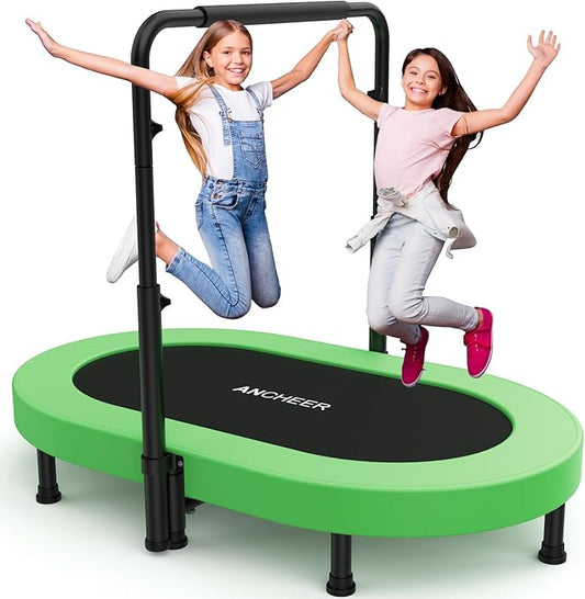 ANCHEER 56'' Foldable Mini Trampoline with Adjustable Handle - Indoor/Outdoor Rebounder for Kids & Toddlers Safe Oval Fitness Trampoline with Bar for Home Fun