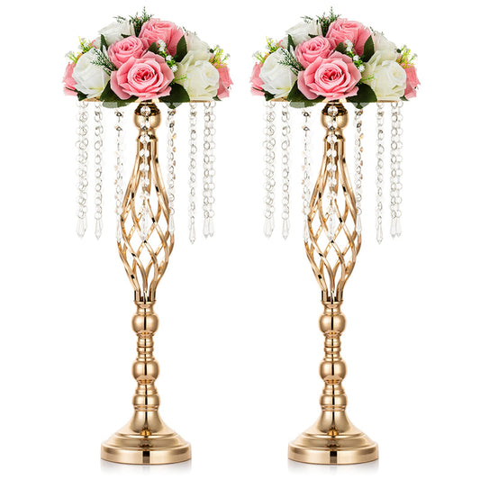 Nuptio 2 Pcs Crystal Flower Stand Wedding Centerpieces for Tables, 21.7in/55cm Tall Elegant Metal Flower Arrangement Stand, Tabletop Metal Flower Vase for Wedding Party Dinner Event Hotel Home Decor