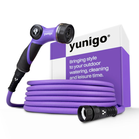 YUNIGO RELAX 50ft Expandable Purple Garden Hose – Lightweight No-Kink Design with Durable Aluminum Couplings, Spray Nozzle & Hose Mender for Home & Garden Watering