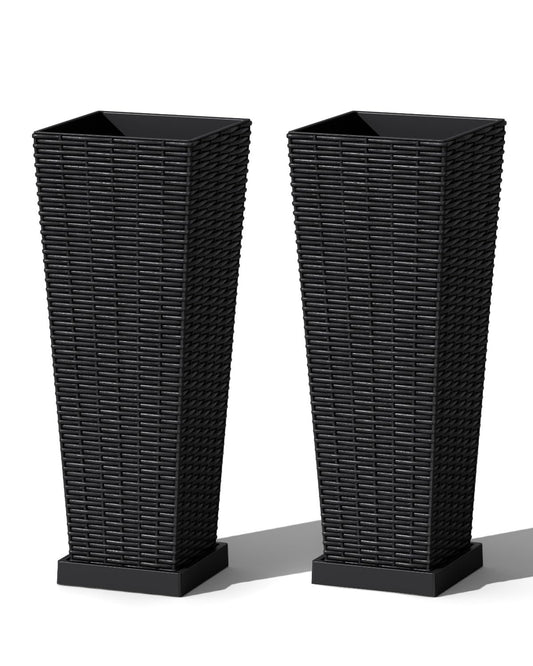 Greesum Set of 2 Tall Plastic Planters with Saucer, 24 Inch Large Pots with Drainage Trays, Weather-Resistant Plastic Plant Containers for Patio, Porch, Garden,Black
