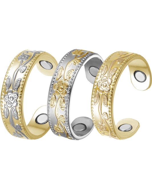 BioMag Magnetic Lymphatic Drainage Ring Set, 3 Pcs 99.99% Pure Copper Magnetic Rings for Women with 3500 Gauss Magnets, Adjustable Size, Floral Branch and Leaf Pattern