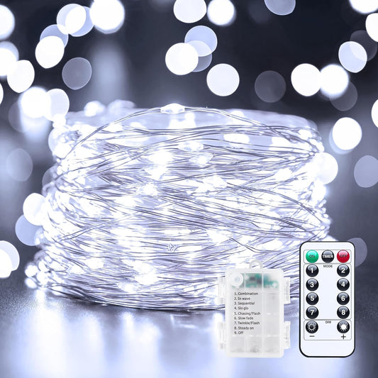 Skiennix 33Ft 100LED Outdoor String Lights - Waterproof Pure White Fairy Lights with Remote for Indoor & Outdoor Decor