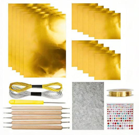 15pcs Gold Craft Foil Sheets, Gold Foil Sheets for Embossing, Decorative Metal Sheet Embossing Tools for Painting Gilding Crafting Decoration,with 2 Rolls Wire, (Gold Set)
