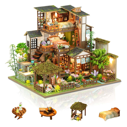 Foyucool Miniature House Kit, Tiny House Kit with Light, DIY Mini House Building Kits for Adults to Building, Unique Gift for Birthday Mother's Day, Bamboo Spring Courtyard