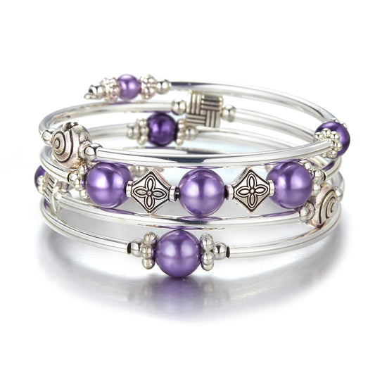 Beaded Pearl Bangle Wrap Bracelet - Fashion Bohemian Jewelry Multilayer Charm Bracelet with Thick Silver Metal Beads, Gift For Women(Purple pearl)