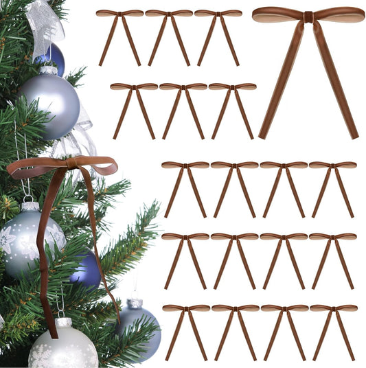Velvet Christmas Tree Bows by 24 Pack - Vintage Ribbon Ornaments for Indoor Decorations | 5x7 Inch, 3/8'' Width, Camel