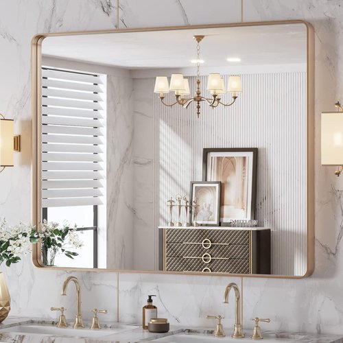 LOAAO Gold Bathroom Mirror - Rounded Rectangle Design, Anti-Rust Tempered Glass, 40" x 32" | Wall-Mounted Vanity Mirror