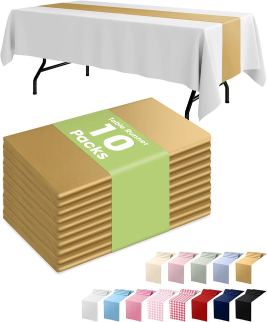 Pureegg Gold Plastic Table Runners - 10 Pack, 14'' x 108'' | Water-Resistant & Disposable for Weddings, Parties, and Home Decor
