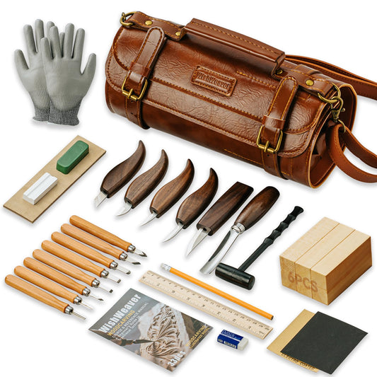 Wood Carving Kit, 33Pcs Wood Carving Tools Set with Thick Leather Storage Bag, Deluxe Wood Carving Set, 6 Wood Carving Knives 8 Chisels 6 Blocks Whittling Kit for Beginners Enthusiasts Kids Gift DIY