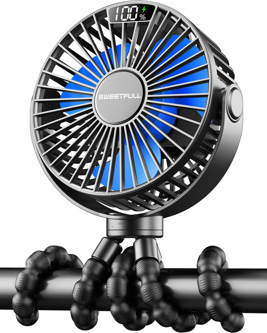 Sweetfull Portable Stroller Fan - 4-Speed Rechargeable Mini Clip-On Fan with LED Display | 360° Rotation, Black