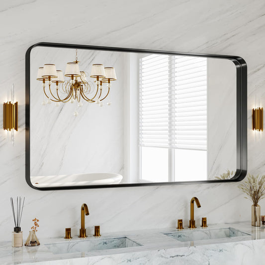 Black Metal Vanity Rounded Rectangle Bathroom Mirrors for Over Sink Wall, 55x30 Inch Large Matte Mirror, Anti-Rust, Modern Decorative for Restroom, Farmhouse