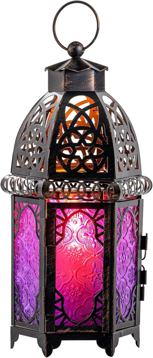 DECORKEY Purple Decorative Candle Lantern - Vintage Metal Hanging & Tabletop Design, 12.8’’ for Halloween & Ramadan Decor