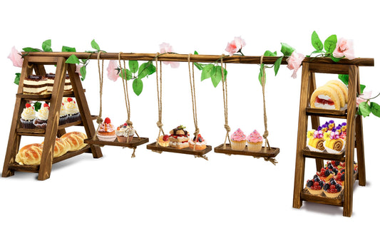 meiqidi Foldable 3-Tier Wooden Cake Stand with Removable Trays & Flower Decor - Display for Cupcakes, Desserts, Fruit, Snacks, Party & Catering Food Presentation