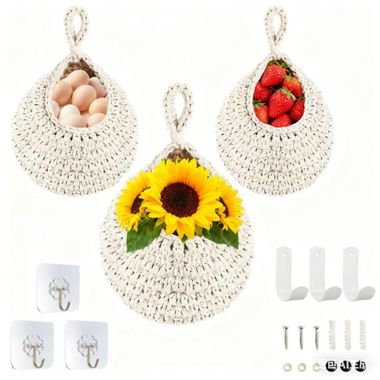 Boho Wall Hanging Fruit Baskets for Kitchen - Rope Woven Hanging Produce Basket, Decorative Storage Organizer for Fruits, Veggies, Snacks, Farmhouse & Boho Home Decoration.