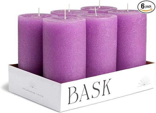 Mottled Pillar Candles by Bask - Set of 6-3" x 6" Dripless Unscented Candles in Purple for Home Decor, Relaxation & All Occasions