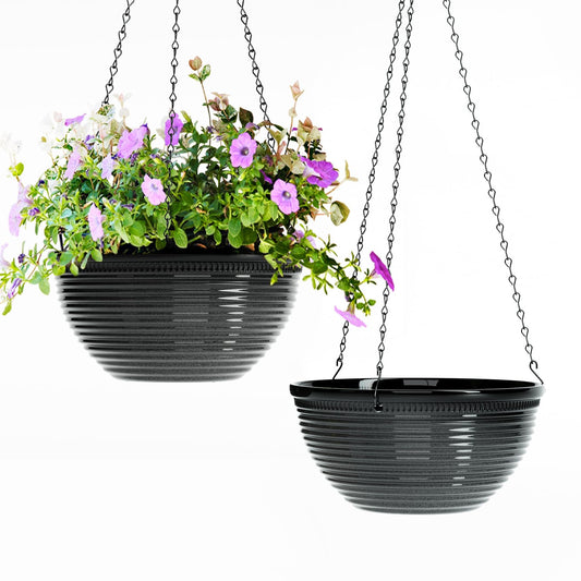 Vanslogreen 2 Pack Hanging Planters for Indoor Outdoor Plants, 10 Inch Hanging Planter with Drainage Hole & Plug Glazed Hanging Baskets Flower Pots for Garden Home (Black)