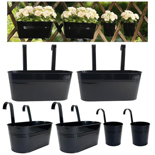 Joyfernal Set of 6 Balcony Hanging Planters, 2 Pcs 17" Metal Railing Flower Pots & 2 Pcs 12" Deck Planter & 2 Pcs 4" Fence Pot for Outdoor Patio Garden Décor, Black