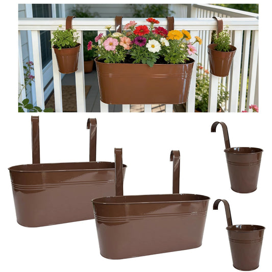 Joyfernal Set of 4 Outdoor Metal Railing Planters Box - 2 Pcs 5.12" Round Balcony Hanging Planter & 2 Pcs 17" Oval Fence Pot with Detachable Hooks Drainage, Chocolate