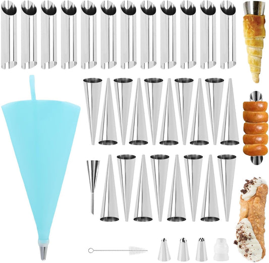Skiennix 35-Piece Cream Horn Mold Set - Includes Cone & Tubular Baking Molds, Puff Nozzle Tip, Stainless Steel Cannoli Forms