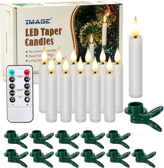 Skiennix 12-Pcs LED Taper Candles Set - Flameless Ivory Candles with 3D Wick & Remote Timer | Warm White Light