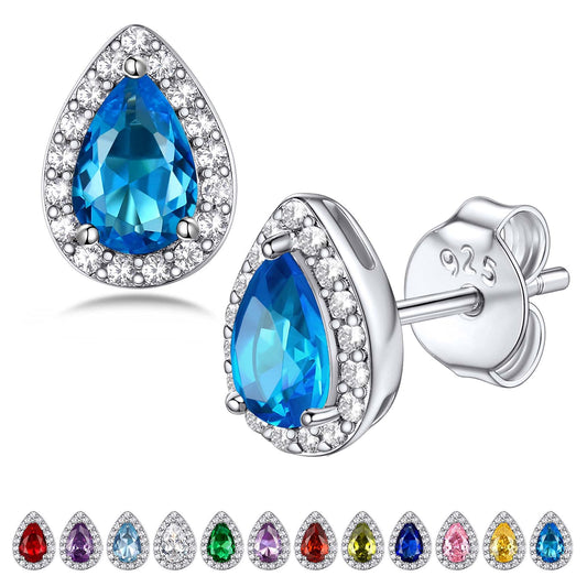 Bestyle CZ Teardrop Diamond Stud Earrings 5mm December Blue Topaz Birthstone Solitaire Earrings, 925 Sterling Silver Earrings Jewelry Gift for Wedding Anniversary Birthday
