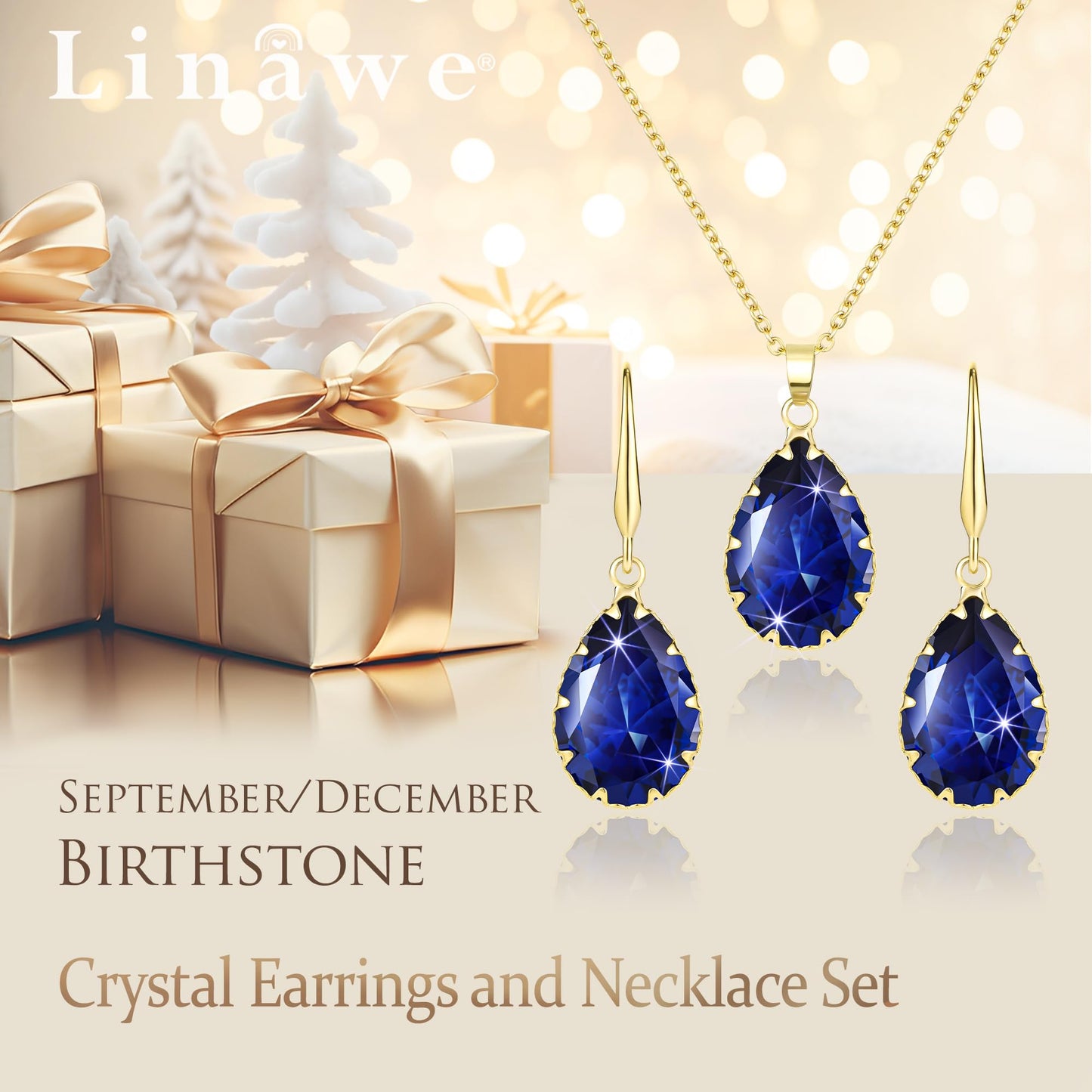Linawe Sapphire Crystal Gold Earring Set, Blue Pendant Necklace Set, Boho Gold Jewelry Sets for Women, Imitation Diamond Rhinestone Matching Necklace, Cubic Zirconia Birthstone Earrings