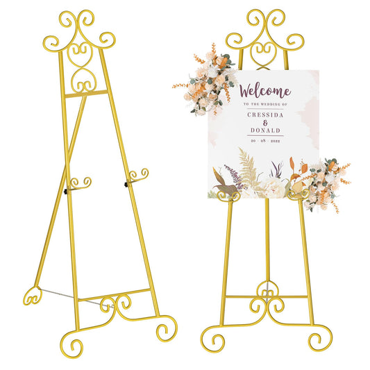 Skcoipsra 59IN Gold Easel Stand for Sign, 3 Tier Adjustable Larger Wedding Welcome Sign Holder, Art Poster Display Stand Free Standing with Chain
