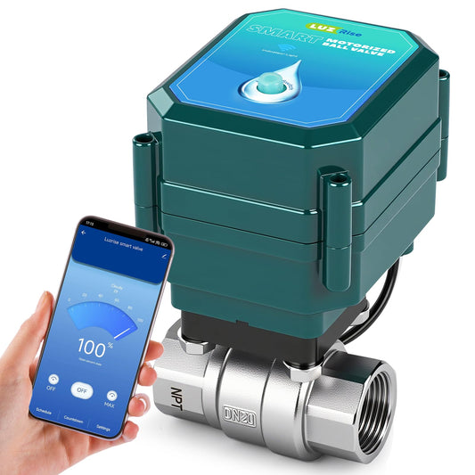 Luzrise Smart Motorized Ball Valve with Remote Control- Automatic Water Shut-Off, 0-100% Adjustable Flow, Programmable Timer, Real-Time Monitoring (Stainless Steel, DN20 (3/4''))