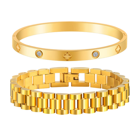 2PCS Gold Chain Link Watch Bracelet Set,18K Gold Plated Stackable Bracelets for Women,Stainless Steel Jewelry with Adjustable Tool, Non-Tarnish Friendship Love Bracelet Gift for Her. (2pcs-C Gold)