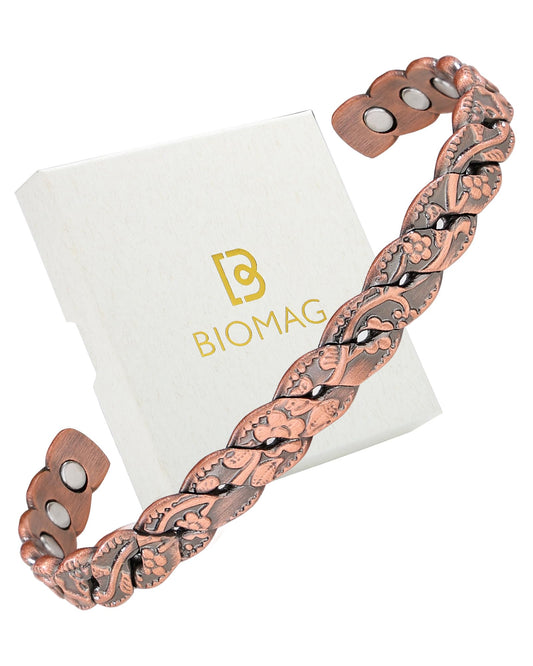 BioMag Magnetic Copper Bracelet for Women Men, 99.99% Pure Copper Cuff Bangle with 6 Pcs 3500 Gauss Magnets, Adjustable Jewerly Gift (Copper-Flower)