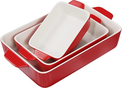 Kook Ceramic Bakeware Set - Versatile Rectangular Dishes for Casseroles & Lasagna | 3-Piece Set in Cherry