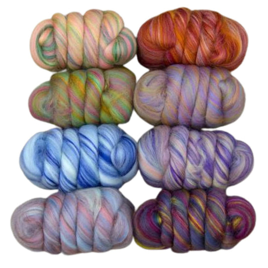 Revolution Fibers – Bambino Range Roving 8 Color Variety Bag (200 Grams / 7 Oz) | Multicolored Tonal Blend of 85% Dyed Merino and 15% Dyed Viscose Bamboo Combed Top | Fiber for Felting, Spinning