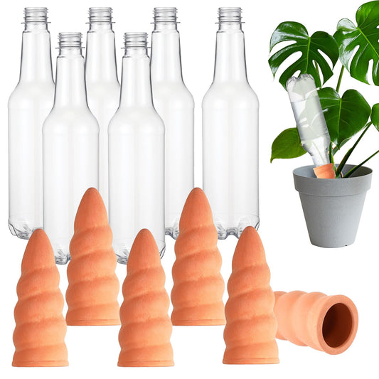 Baderke 6 Sets Plant Watering Stake Devices Include Terracotta Self Watering Spikes and 500 ml Plastic Wine Bottles for Vacation Indoor Outdoor Plant