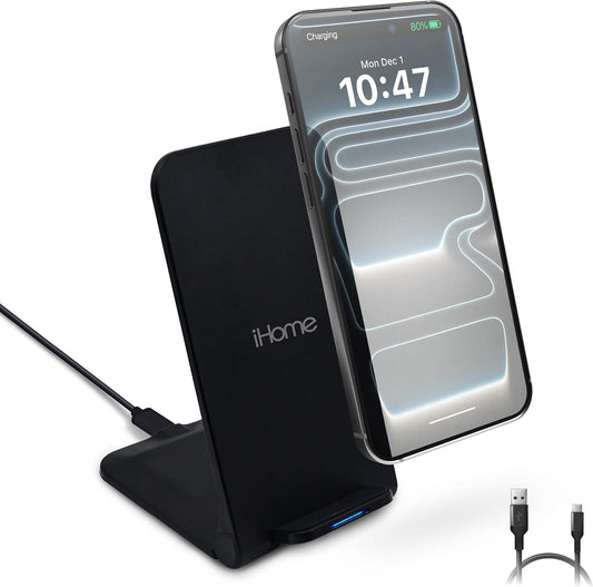 15W iHome Folding Wireless Charging Stand, Fast Charge, Travel-Friendly Design, Cable Included