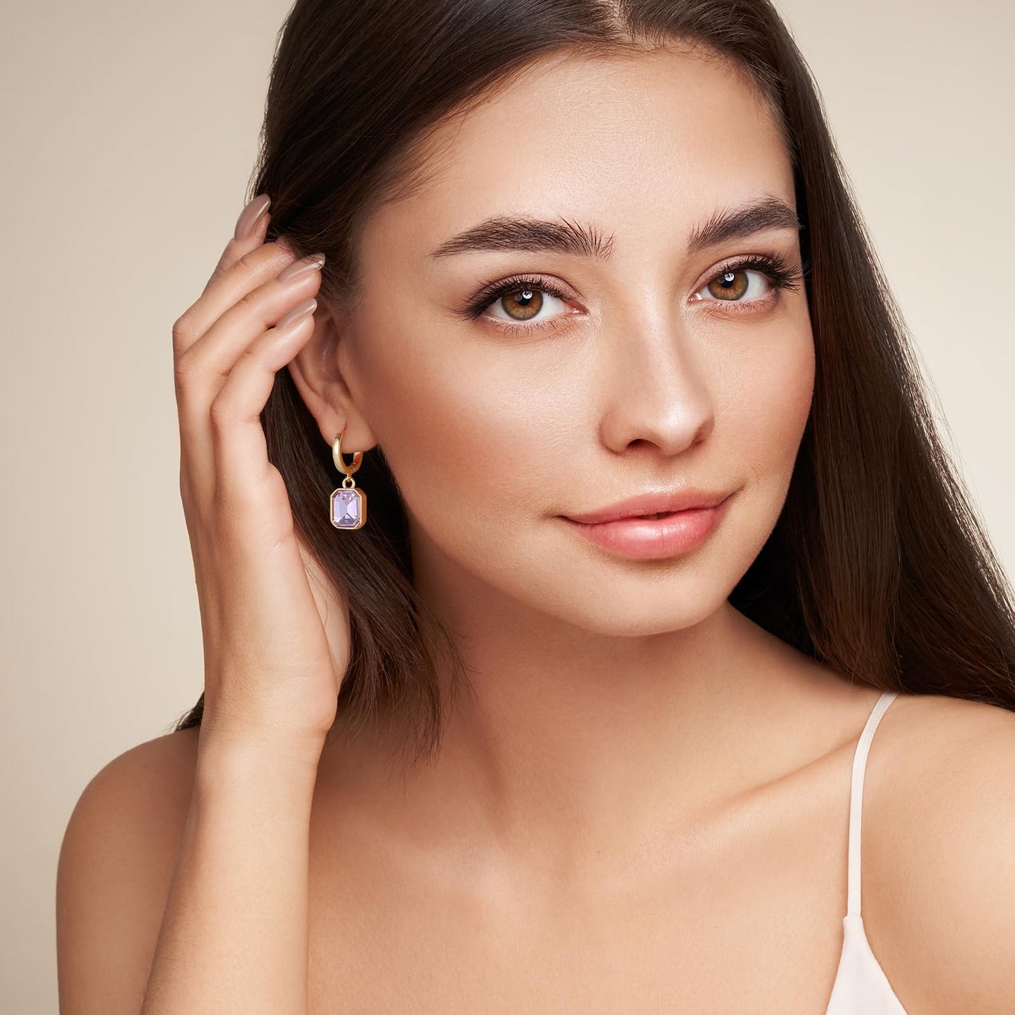 Birthstone Crystal Dangle Drop Earrings, 18K Gold Plated Huggie Hoop Hypoallergenic Earring Jewelry Gifts for Women (Purple)