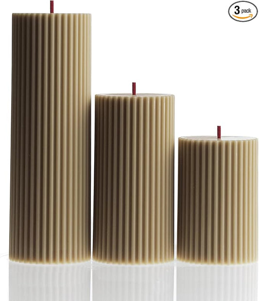 LAWA Roman Handmade Tall Ribbed Pillar Candle - Beautiful Scented Soy Wax Dinner Candle | Classic Aesthetic Decoration Set | Housewarming Gift | Home Room Shelf Decor Idea - Olive Beige (Set of 3)
