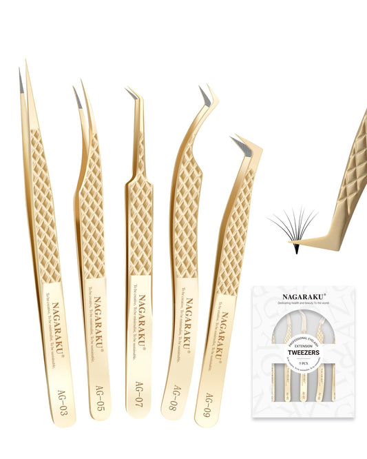 NAGARAKU Eyelash Tweezers Set, 5 PCS Precision Micro Fiber Tip Tweezer for Lash Extensions Antistatic Anti-Slip Straight and Curved Pinzas AG-03/AG-05/AG-07/AG-08/AG-09 with Box For Lash Artists
