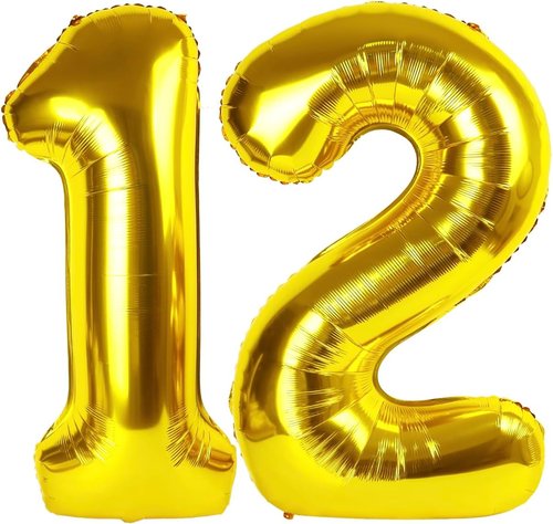 Gold Number 12 Balloon - 40 Inch Gold Birthday Decoration for 12th Year Celebration
