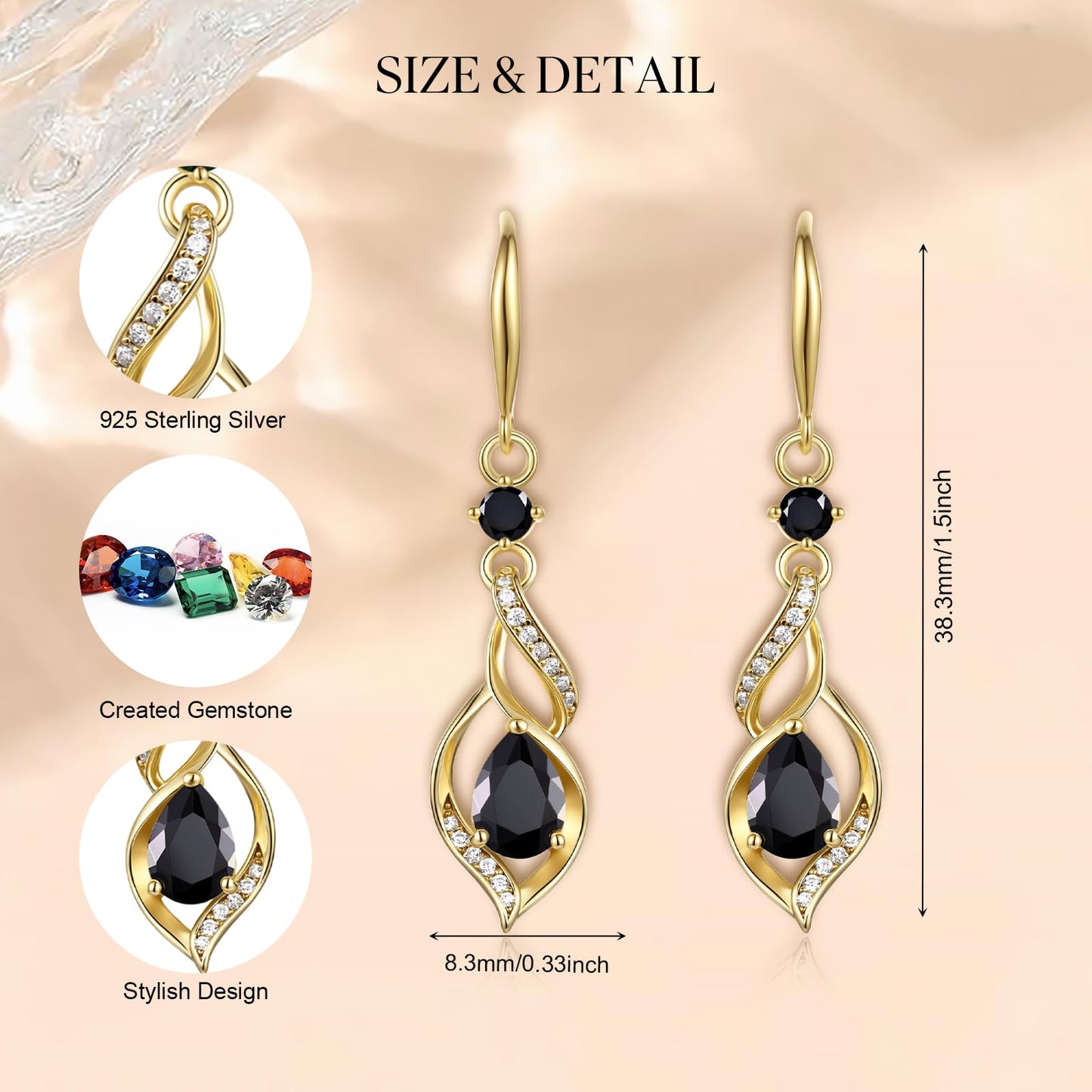 FANCIME 14K Gold Plated October Birthstone Dangle Earrings for Women Teardrop Black Tourmaline Dangle Earrings S925 Sterling Silver infinity Love Birthday Gifts for Mom Women