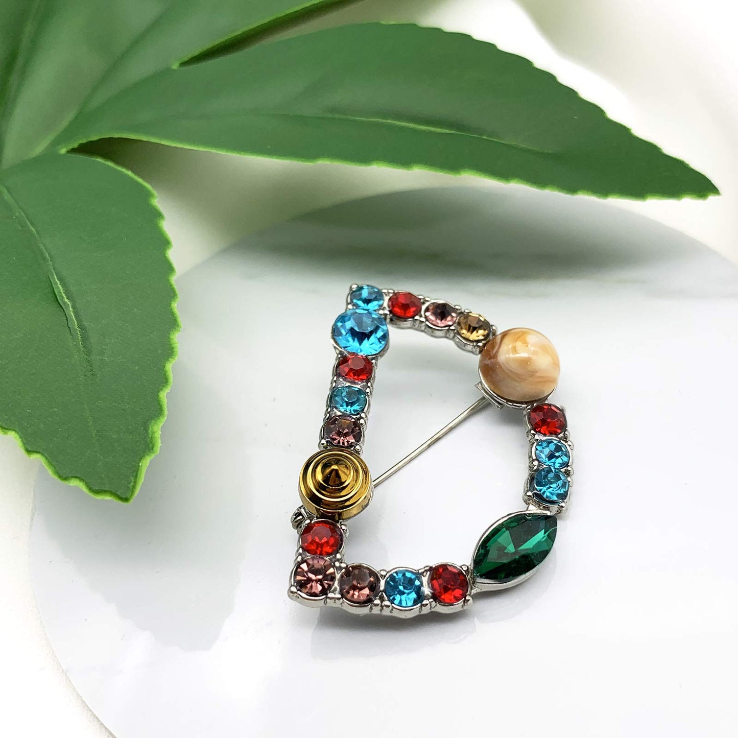 XGALBLA Letters D Plated Metal Stone Clear Colorful Crystal Lapel Pin Brooches Collar(Silver Tone)