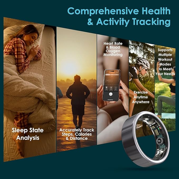 Smart Ring Health Monitoring 5ATM Waterproof Fitness Tracker with Glossy Titanium Surface Blood Oxygen/Sleep/Stress Tracking Women?™s Cycle Prediction Sport Ring Compatible with iOS/Android Black 6