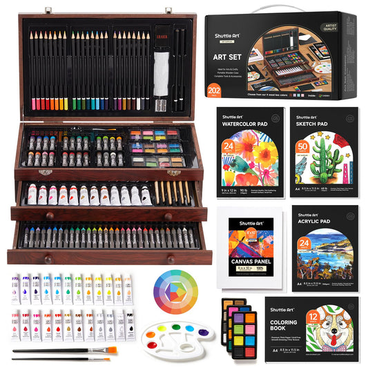 Shuttle Art Deluxe Gift Art Kit, 202-Piece Wooden Art Supplies Set with 4 Drawing Pads, Canvases, Coloring Sheets, Acrylic Paint, Crayons, Oil Pastels, Colored Pencils for Kids