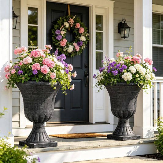 Autodaya 22" Timeless Urn Planters for Outdoor Plants, Set of 2 Plastic Large Flower Pot with Handmade Washed Black Finish, Weather-Resistant for Porch, Garden, Patio or Indoor Use