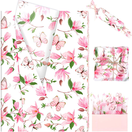 100 Sheets Watercolor Magnolia Butterfly Tissue Paper, 20 x 14in Magnolia Blossom Printed Art Craft Tissue Paper for Mother's Day Wedding Birthday Bridal Shower Party Supplies