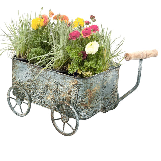 Zokyntrix Flower Cart with Wooden Handles, Metal Wagon Planters for Outdoor Plants, Garden Planter with Wagon Wheels, Decorative Wheelbarrow, Plant Cart for Patio Garden Balcony (Blue)